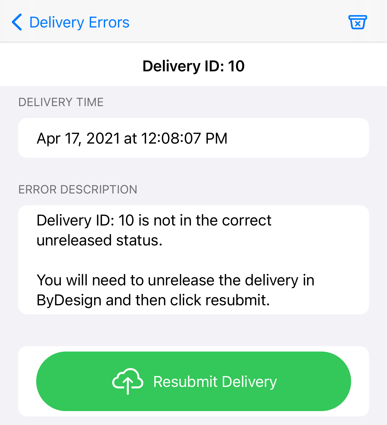 ByD POD Delivery Error