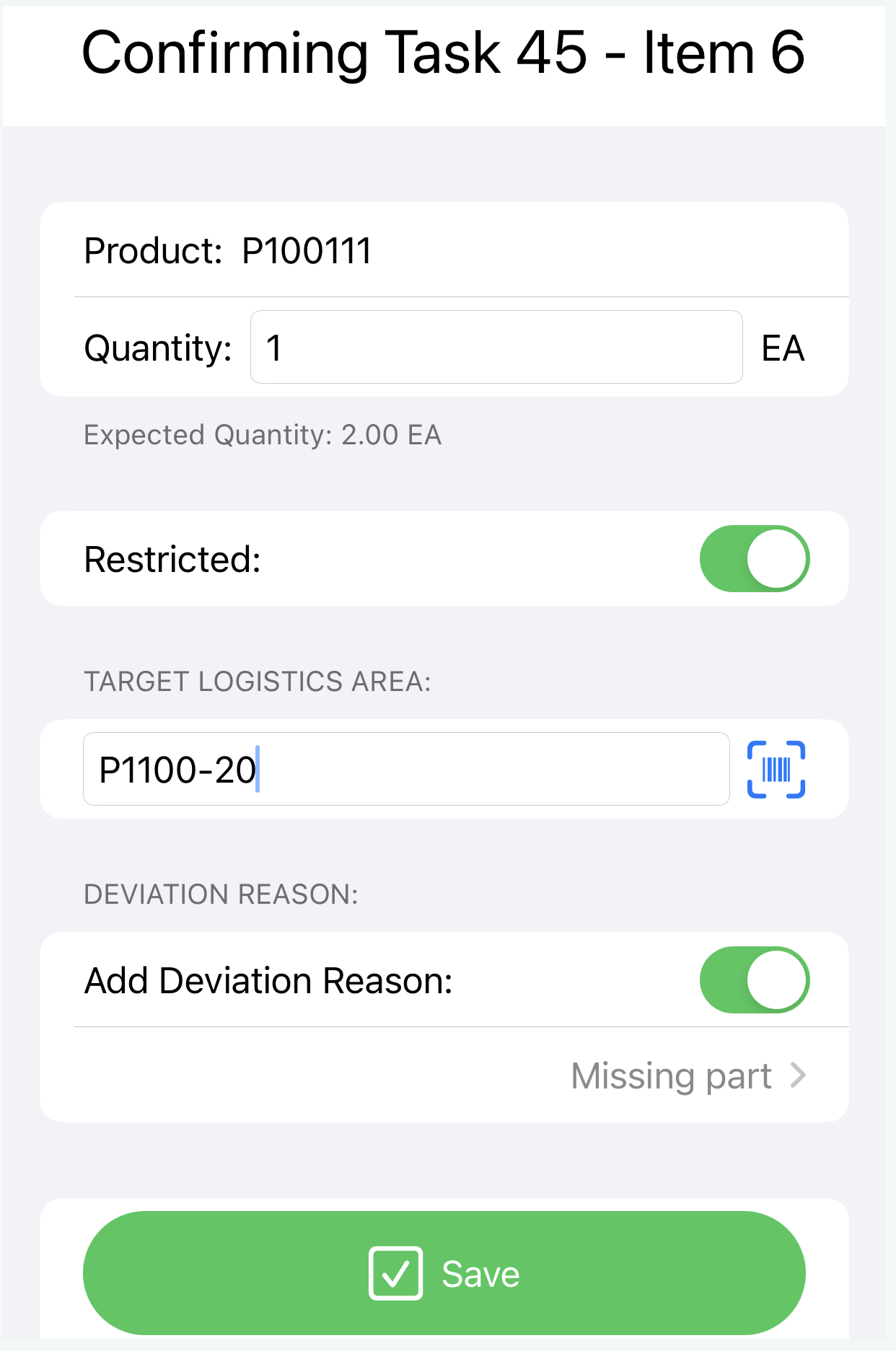 Inbound Delivery App Confirm Task Item