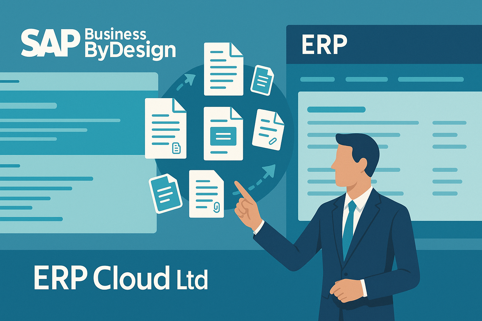 Split-screen of document migration from SAP Business ByDesign to another ERP system