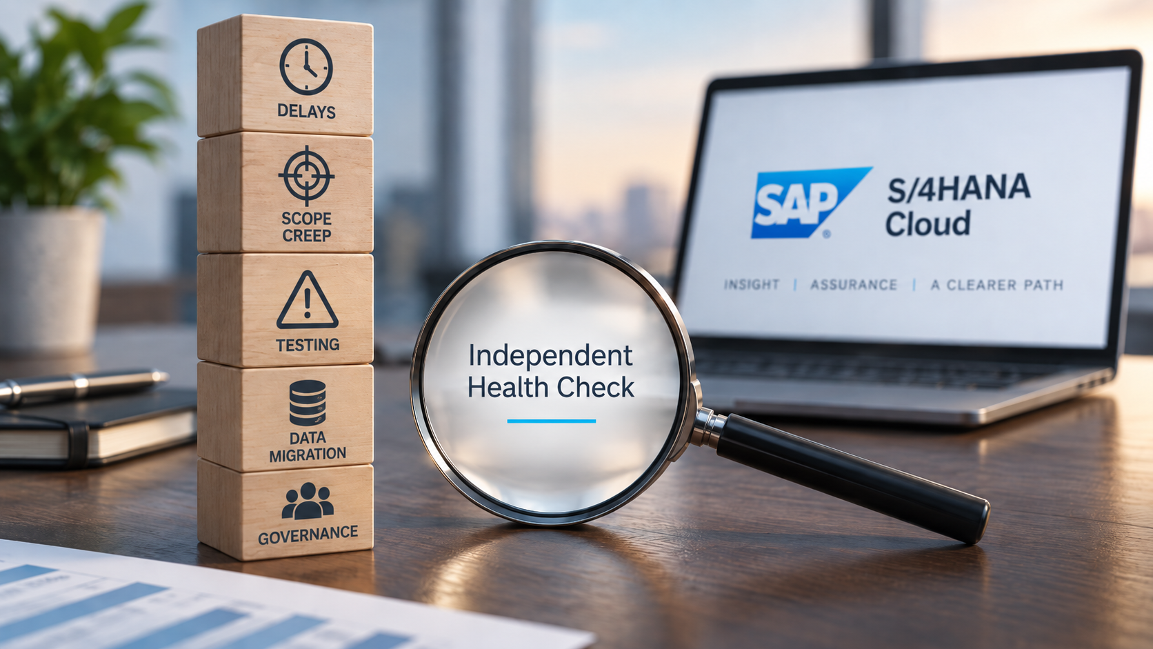 Abstract heartbeat monitor line in gold on navy, representing an SAP programme health check