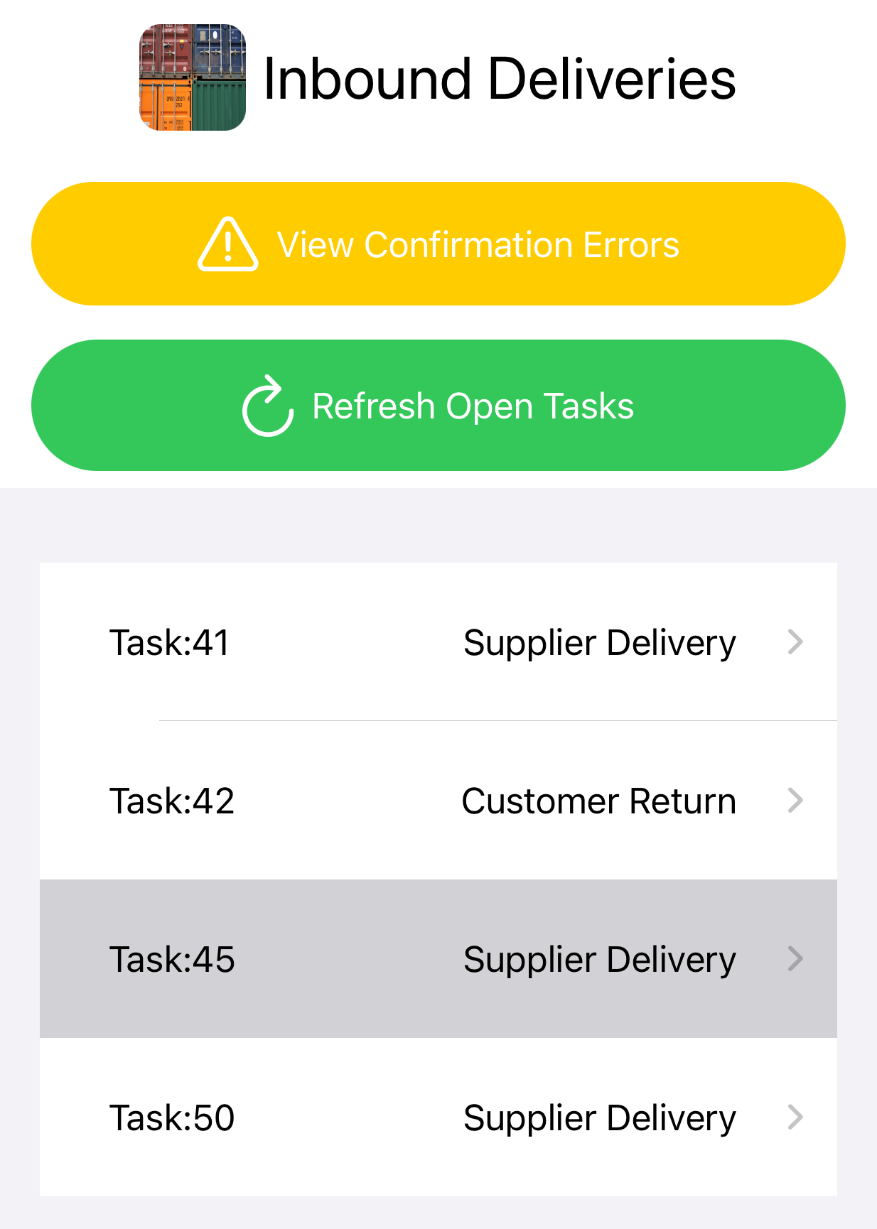 Inbound Delivery App Main View with Errors Button