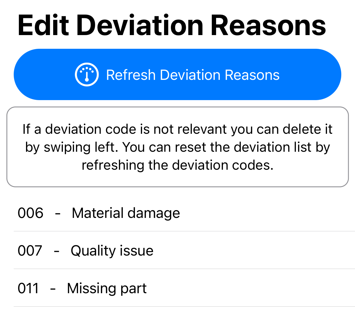 Inbound Delivery App Deviation Reasons