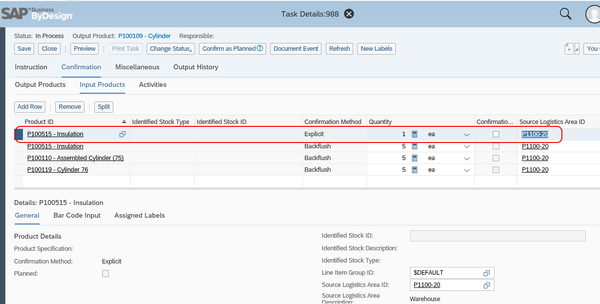 Image showing an additional input line being added to a SAP Business ByDesign production task confirmation