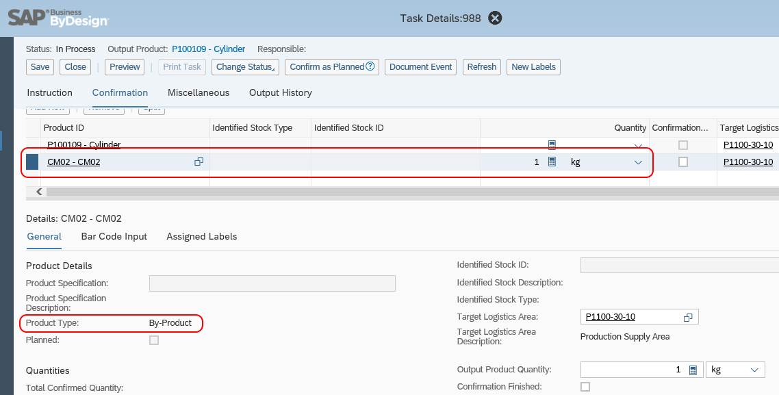 Image showing a by-product being added to a SAP Business ByDesign production task confirmation