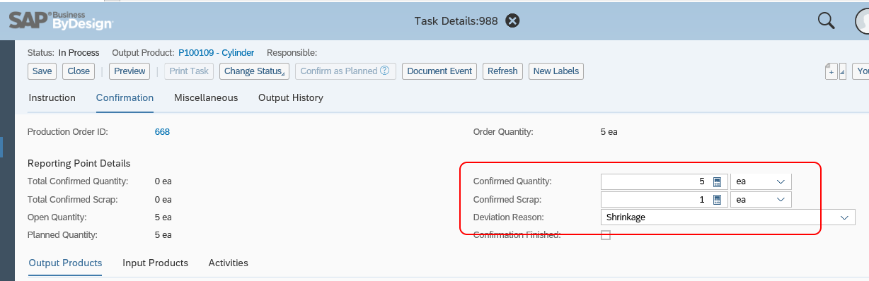 Image showing a confirmed quantity and scrap quantity fields in a SAP Business ByDesign production task