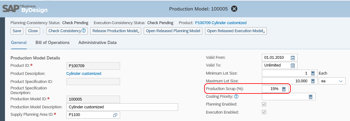 Image showing a production scrap field in a SAP Business ByDesign production model